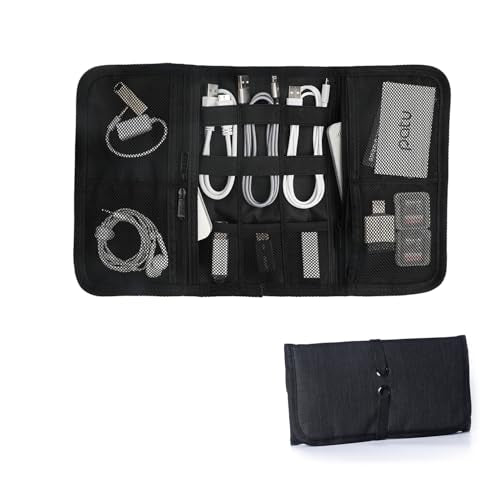 Patu Roll Up Electronics Accessories Travel Gear Organizer Case, Black - Portable Universal External Batteries Hard Drives Cable Management Healthcare Cosmetics Kit Bag - color: Black