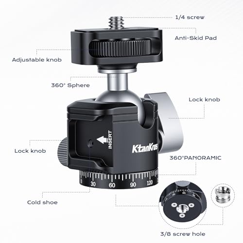 MI-1 Mini Ball Head – Compact 360° Rotating Camera Mount with 1/4" Screw, Cold Shoe Accessory Holder, 90° Tilt & 3/8" Adapter for DSLR, Mirrorless, Smartphones and Lighting Accessories