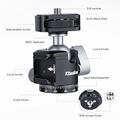 Universal 1/4" Mini Ball Head, Cold Shoe Mount, 360° Panoramic DSLR Camera Tripod Mount, 5.5lb Load, Aluminum Alloy, for Action Cam, Smartphone, Monitor, Microphone, LED Light, Vlog - style: MI-1