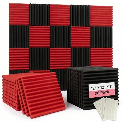 96 Pack Black/RED 12 "X 12 "X1" Acoustic Panels Studio Soundproofing Foam Wedge Tiles(Accompanied By Double-Sided Adhesive Tape) - color: Black/red