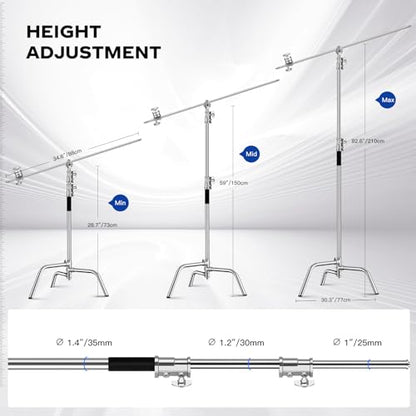 Heavy Duty C Stand 6.9ft/210cm with Holding Arm Sandbag Grip Head Stainless Steel Photography Light Stand C-Stand Sturdy for Photography Studio Video Monolight Softbox Shooting (Silver)