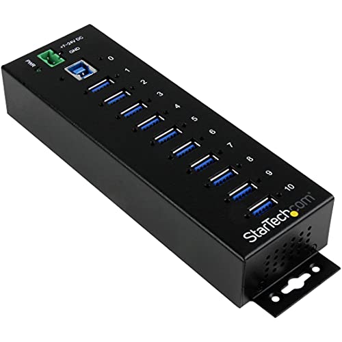StarTech 10-Port Industrial USB 5Gbps Hub, Mountable, TAA (ST1030USBM) | Steel housing, ESD and surge protection, DIN/wall/desk mount, 7-24V terminal block power