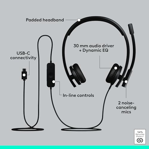 Logitech H570e USB Headset with Microphone for PC and Mac, USB-C Wired Headset with Stereo Sound, Noise-Canceling Mics and Inline Controls, Certified for Microsoft Teams, Black - size: Teams, style: Stereo