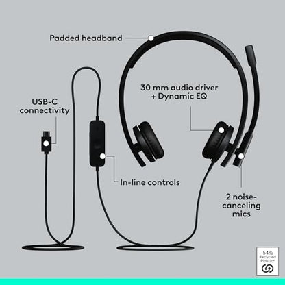 Logitech H570e USB Headset with Microphone for PC and Mac, USB-C Wired Headset with Stereo Sound, Noise-Canceling Mics and Inline Controls, Certified for Microsoft Teams, Black - size: Teams, style: Stereo