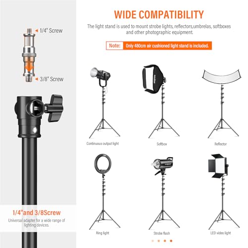 Heavy Duty Light Stand 15.75ft/480cm Adjustable 17.6lb/8kg Max Loading Photography Air Pressure Buffer Tripod Stand with 1/4” to 3/8” Screw Adapter for Strobe,LED Video Light, Monolight, Softbox