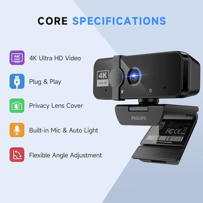 PHILIPS 4K Webcam for PC with Microphone, Computer Camera for Meetings with Privacy Cover, Plug & Play USB Web cam for Laptop, Desktop, Zoom, Teams, Skype, Video Conferencing, Streaming - Black