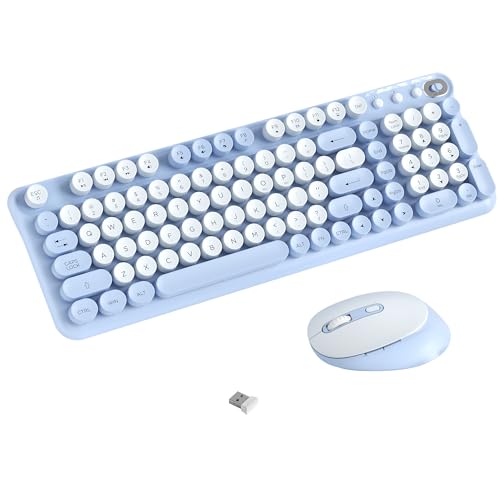 Wireless Keyboard and Mouse Combo, 2.4GHz USB Receiver, Plug and Play, Retro Full Size Typewriter Keyboard and Wireless Mouse for Computer, Laptop, Windows, Mac, and PC (Blue) - color: Blue
