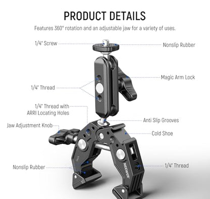 NEEWER Super Clamp with 3" Dual Ballhead Magic Arm, Cold Shoe, 1/4" Threads, Phone/Action Camera Mount Adapter for Desk Tripod Tube Crossbar Gimbal Rods Compatible with SmallRig GoPro DJI, ST83 - style: ST83