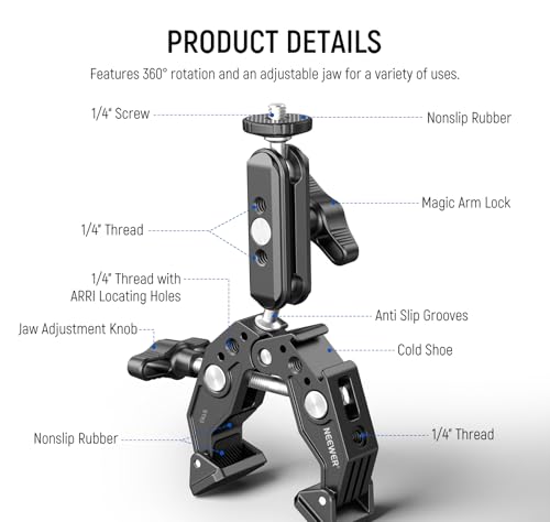 NEEWER Super Clamp with 3" Dual Ballhead Magic Arm, Cold Shoe, 1/4" Threads, Phone/Action Camera Mount Adapter for Desk Tripod Tube Crossbar Gimbal Rods Compatible with SmallRig GoPro DJI, ST83 - style: ST83