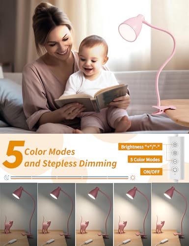 BOHON Cute Desk Lamp with Clamp Clip on Light, 5 Color 10 Brightness, Pink | Flexible Gooseneck Pink Lamp 10W 38 LED Auto Off Timer Kawaii Accessories Desk Lights for Office Home Bed Bedside Reading - color: Pink