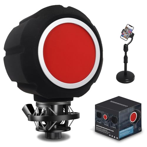 Mic Isolation Shield & Dual Pop Filter, Portable Foam Acoustic Noise Reduction Wind Shield with Adjustable Phone Holder for Streaming, Podcast & Vocal Recording, Compatible with Most Mics - color: Red