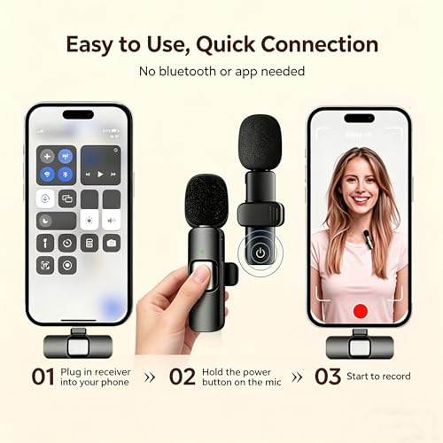 Wireless Lavalier Microphone for iPhone Android, 2Pcs Mini Mic, Plug & Play | Noise Cancelling, 64dB Adaptive, 0.35oz Featherweight, 65ft Range, 6H Battery, for Content Creators Vlogging, YouTube, TikTok