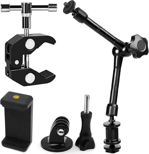 Niewalda Magic arm Camera Mount ，articulating arm- 11 Inch Metal Adjustable Friction Articulated arm with Super Clamp/Phone Clip, for Various Action Camera/DSLR/LCD Monitor/LED Lights/Cell Phone - color: 11 Inch Black Magic Arm
