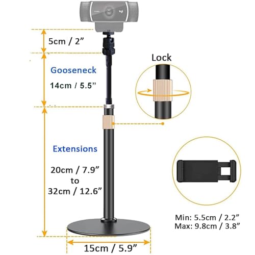 Webcam Stand Phone Holder [Extension-Type] Desktop Stand Flexible Gooseneck Video Stand Camera Mount for Cellphones, Logitech Webcam C922 C930e C920S C920 C615, Etc. (1/4" Threads)