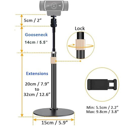 Webcam Stand Phone Holder [Extension-Type] Desktop Stand Flexible Gooseneck Video Stand Camera Mount for Cellphones, Logitech Webcam C922 C930e C920S C920 C615, Etc. (1/4" Threads)