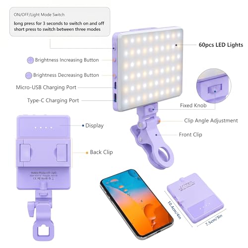 Selfie Light, Phone Light with Front & Back Clip, 60 LED Portable Light with 3 Modes, 5000mAh Rechargeable Video Light for Phone, iPhone, IPad, Laptop, TikTok, Makeup, Live Stream, Vlog(Purple) - color: Purple