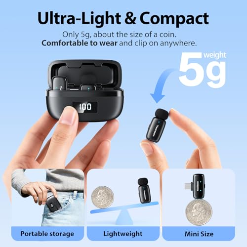 Mini Wireless Lavalier Microphone for iPhone ipad Android, Noise Reduction and Mute, 33h Charging Case, Plug & Play, 131FT Range, Mini Lapel Mic for Video Recording, Vlogging, YouTube