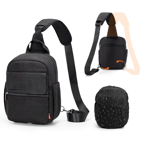Cwatcun Camera Sling Bag Crossbody Small Camera Case, Lightweight DSLR/SLR/Mirrorless Photography Bag with Tripod Holder and Rain Cover for Canon, Nikon, Sony, Fuji Cameras, Lens Accessories - color: Black, size: Large