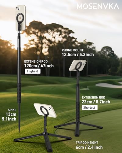 MOSENVKA Golf Tripod & Monopod Magnetic Phone Holder Golf Selfie Stick Tripod Ground Mount to Record Golf Swing Adjustable Golf Stick Aluminum Golf Swing Training Aid Compatible with iPhone Android