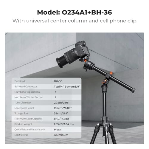 K&F Concept 76 inch Camera Tripod with Rotatable Multi-Angle Center Column,Lightweight Travel Outdoor DSLR Tripods with 360 Degree Ball Head Load Capacity 8kg/17.6lbs, Cellphone Clips for Smartphone
