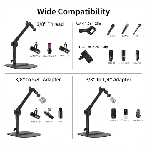 Desktop Microphone Stand, Adjustable Desk Mic Stand for AM8 K669B Yeti HyperX QuadCast SoloCast AT2020, Webcams Camera, Compatible 1/4, 3/8 & 5/8 Thread, for Recording/Podcasting/Streaming