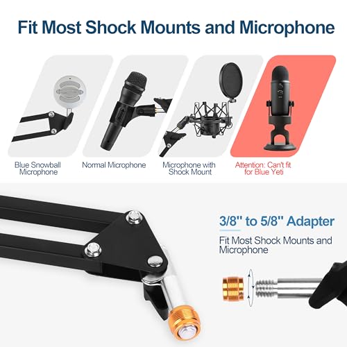 Adjustable Microphone Scissor Arm Suspension Boom with Mic Clip and Cable Ties, Heavy Duty for Blue Yeti Nano Snowball Ice, HyperX QuadCast, Recording, Gaming, Streaming
