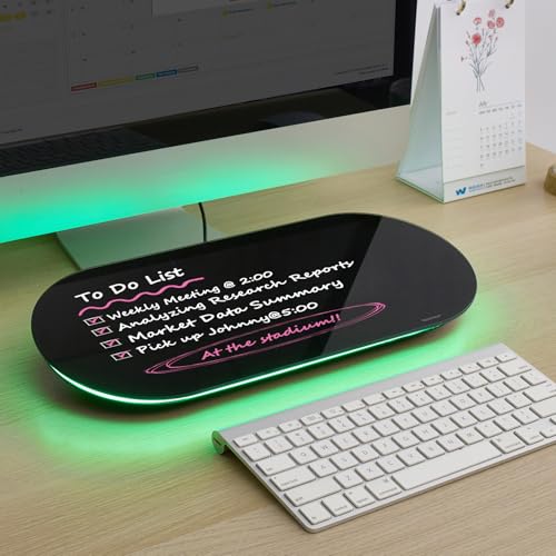 TSJ OFFICE Glass Desktop Whiteboard - 17 X 7 Inches Small Dry Erase Board with Green Light, Black Glass White Board Surface Notepad with 1 Drawer, Desk Organizers for Office, Home, School Supplies - color: Green Light (Black Glass)