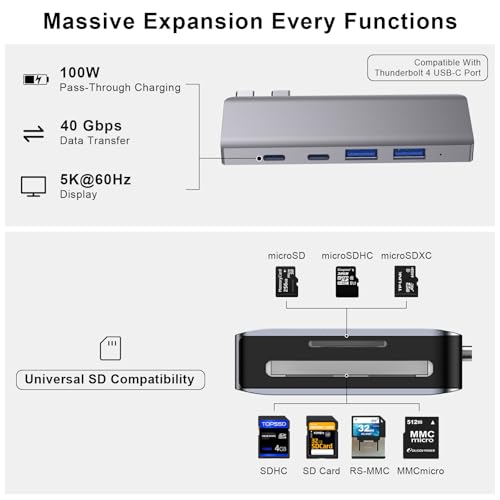 USB C Hub, 6 in 2 USB Adapter for MacBook Pro Air Thunderbolt 4 Dock with 100W PD, 40Gbps, USB-C 3.0, 2 USB-A 3.0, SD/TF Card Reader, Compatible with MacBook Pro Air M1/M2/M3/M4 - size: 9887 Midnight