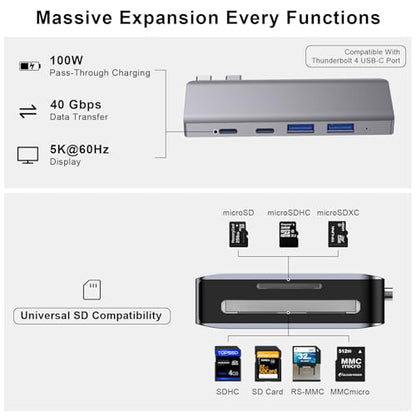 USB C Hub, 6 in 2 USB Adapter for MacBook Pro Air Thunderbolt 4 Dock with 100W PD, 40Gbps, USB-C 3.0, 2 USB-A 3.0, SD/TF Card Reader, Compatible with MacBook Pro Air M1/M2/M3/M4 - size: 9887 Midnight