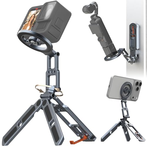 Magnetic Phone Stand Tripod for MagSafe iPhone | 2-in-1 Action Camera Mount | for DJI Osmo Pocket 3/4 Accessories, Foldable Phone Holder with Arca-Swiss & 1/4" Screw/Hook for GoPro 13/12| Patented Design