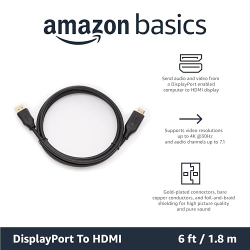 Amazon Basics DisplayPort to HDMI Cable, Uni-Directional, 4K@30Hz, 1920x1200, 1080p, Gold-Plated Connectors for Enhanced Picture Quality and Sound, 6 ft, Black - size: 6 Feet, style: 1-Pack