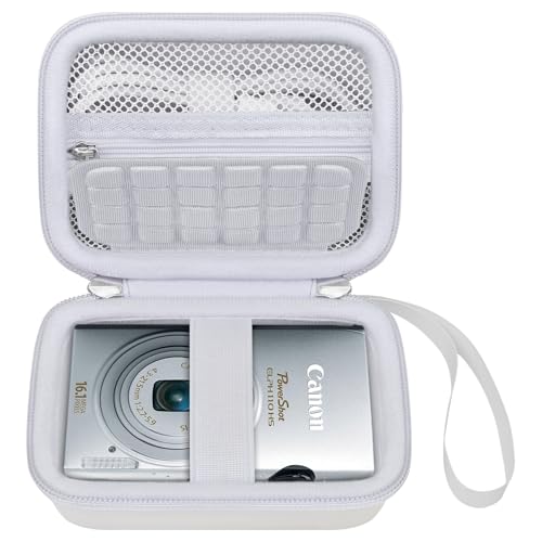 Elonbo Carrying Case for Canon PowerShot ELPH 360 HS A/ 360 HS/ 360/ IXY 650 Digital Camera, Canon PowerShot ELPH 330/190/160/115/130/110 Camera Hard Travel Bag, Mesh Pocket fits Battery Cable, White - color: White