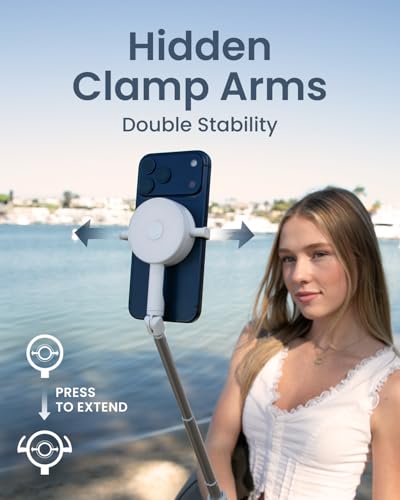 KraftGeek 67" Dual-Sided Magnetic Phone Tripod for iPhone MagSafe, Auto-Open Selfie Stick Tripod with Remote, Hidden Clamp, Portable Cell Phone Tripod Stand for Travel & Content Creation(White) - color: White