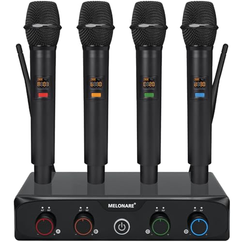 MELONARE 4-Channel Wireless Microphone System, UHF Compact Cordless Mic Set w/ 4x10 Frequencies, 200ft Range, Dynamic Handheld Microphone for Singing, Karaoke, Church, DJ, Wedding (MWM-41-4H) - size: 4 Handheld Mics
