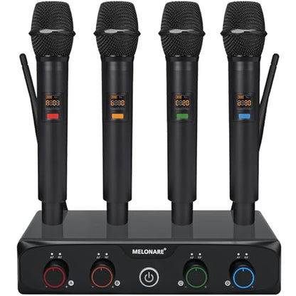 MELONARE 4-Channel Wireless Microphone System, UHF Compact Cordless Mic Set w/ 4x10 Frequencies, 200ft Range, Dynamic Handheld Microphone for Singing, Karaoke, Church, DJ, Wedding (MWM-41-4H) - size: 4 Handheld Mics