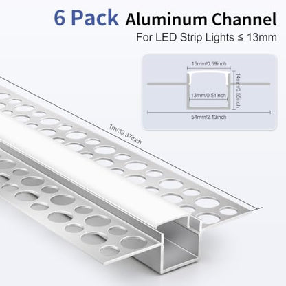 Plaster-in LED Aluminum Channel, 3.3FT/1M 6 Pack Trimless Recessed LED Light Strip Diffuser Channel, Drywall Aluminum LED Profile with Milky Diffuser for Ceiling and Wall - size: Double-Sided-6 Pack