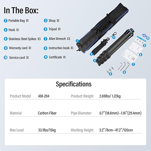 SIRUI AM-284 Carbon Fiber Tripod for Travel, Professional Camera Tripod with 4-Section Legs, Twist Leg Locks, Detachable Metal Spikes, Loads up 33LB, Max Height 47.2“ - size: AM-284, style: AM-284 Heavy Duty Tripod Legs Only