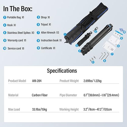 SIRUI AM-284 Carbon Fiber Tripod for Travel, Professional Camera Tripod with 4-Section Legs, Twist Leg Locks, Detachable Metal Spikes, Loads up 33LB, Max Height 47.2“ - size: AM-284, style: AM-284 Heavy Duty Tripod Legs Only