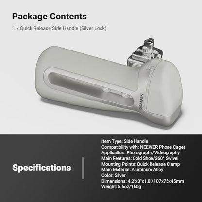 NEEWER Quick Release Side Handle with Anti Off Cold Shoe, 360° Rotation, Nonslip Grip, Compatible with iPhone 17 Pro Max 16 S25 Ultra Phone Cage Accessories, PA148 (Silver) - style: PA148 (Silver)