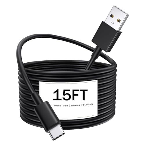 USB C Cable 15Ft, Extra Long 15 Foot USB A 2.0 to USB-C Fast Charge Cord Black Durable TPE for iPhone 17/16/15 Pro Plus Pro Max, Samsung Galaxy, Note, LG, Moto, Pixel and Other USB C Devices - color: Black, size: 15FT