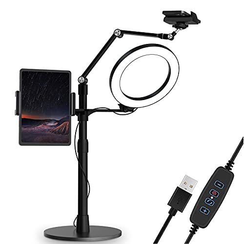 SupeDesk Selfie Ring Light Phone Tablet Stand, 8" LED, 3-in-1, Overhead Phone Stand, Compatible with 4.5-13" Phone&Tablet, Adjustable Long Arm, YouTube/Tiktok Video, Zoom, Live Stream