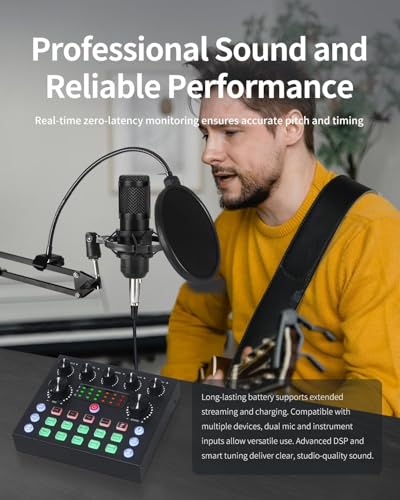 Podcast Equipment Bundle for 1, Studio Recording Kit with Condenser Mics, Bluetooth Sound Card, DSP Effects, Real-Time Monitoring, Plug & Play for Streaming, Singing, Gaming, (Black, 2 Packs)