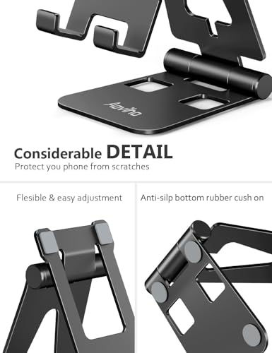 Aoviho Foldable Cell Phone Stand for Desk, Adjustable Phone Holder for Office, Video Calls and Streaming, Portable Desktop Phone Dock Compatible with iPhone 17 16 15 14, Samsung Galaxy, Black - color: Black