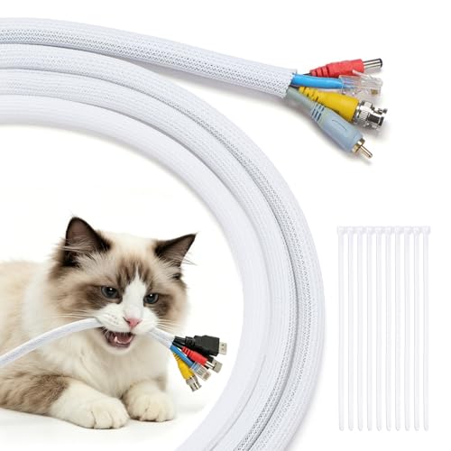 Yecaye 30ft - 1/2 inch Cord Protector Cable Sleeve, Split Braided Wire Loom Tubing for TV Computer USB Cable Power Cord, Cable Management Cord Protectors from Pets no Chew, White (with 10 Zipties) - color: White, size: 1/2"-30ft