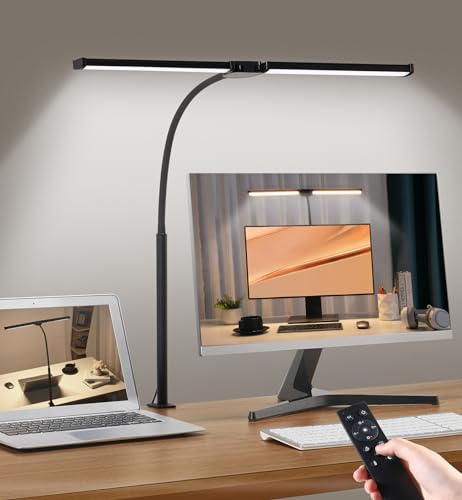 Motumen Led Desk Lamp for Home Office, Eye-Care Architect Light with Clamp, Smart Double Head Computer Monitor Table Clip Lamp, Adjustable Flexible Goose-Neck, 25 Lighting Models, Task Lamp, Black - color: Black