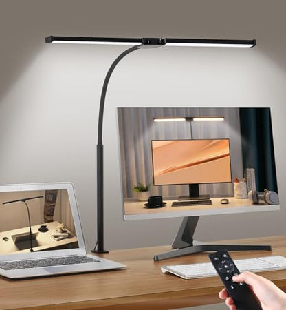 Motumen Led Desk Lamp for Home Office, Eye-Care Architect Light with Clamp, Smart Double Head Computer Monitor Table Clip Lamp, Adjustable Flexible Goose-Neck, 25 Lighting Models, Task Lamp, Black - color: Black