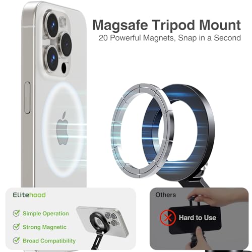 elitehood Aluminum Magsafe iPhone Tripod Mount with Arca Port, Magnetic Phone Mount for Tripod with 1/4" 3/8" Screw Adapter, Cell Phone Holder Stand for Video Recording Live Streaming Vlogging - style: Arca Base
