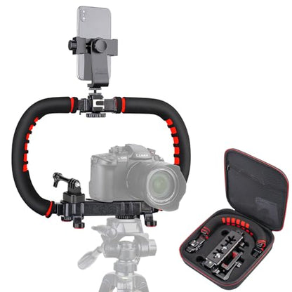 Zeadio Handheld Video Stabilizer Rig, Portable Camera Stabilizer Handle Grip with Cold Shoe Mounts, Phone Holder, Action Camera Adapter for Smartphone, DSLR Camera, Action Camera, Camcorder etc