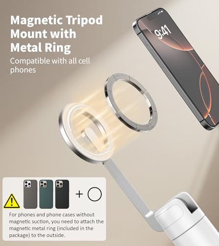 TONEOF 68" Magnetic Selfie Stick Tripod with Aluminum Strong Magnetic Holder for Magsafe, 360° Rotatable Travel Phone Tripod Stand with Metal Ring & Rechargeable Remote for iPhone/Android（White） - color: White