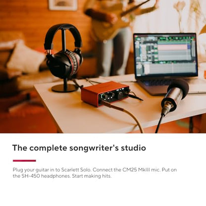 Focusrite Scarlett Solo Studio 4th Gen USB Audio Interface Bundle for the Songwriter, Guitarist or Vocalist with Condenser Microphone and Headphones for Recording, Songwriting, and Podcasting | CM25 Mkiii Condenser Mic, Sh-450 Headphones, USB A-C and 3m X